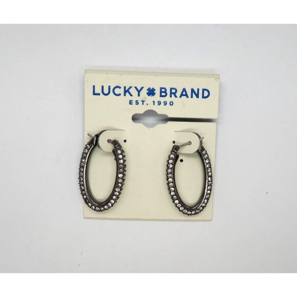 Lucky Brand Earrings Oval Crystal Encrusted Hoop Pierced Gunmetal Gray New - Picture 8 of 9